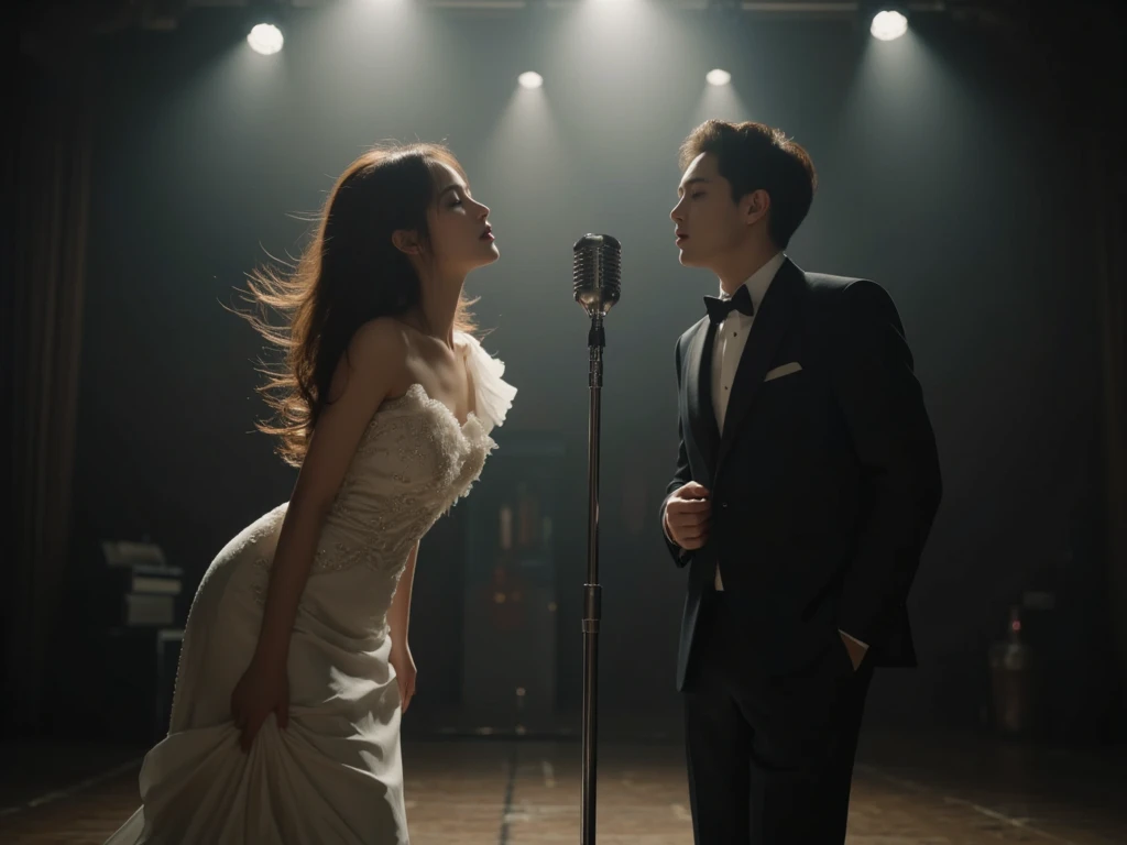 (young man:1.6) in business clothes and woman (((in business clothes))) (singing:1.75) a love song while (looking into each other's eyes:1.9), (С-pop idol:1.4), on stage, (romantic effects), (more detail), (perfect hand), (photorealistic:1.9)