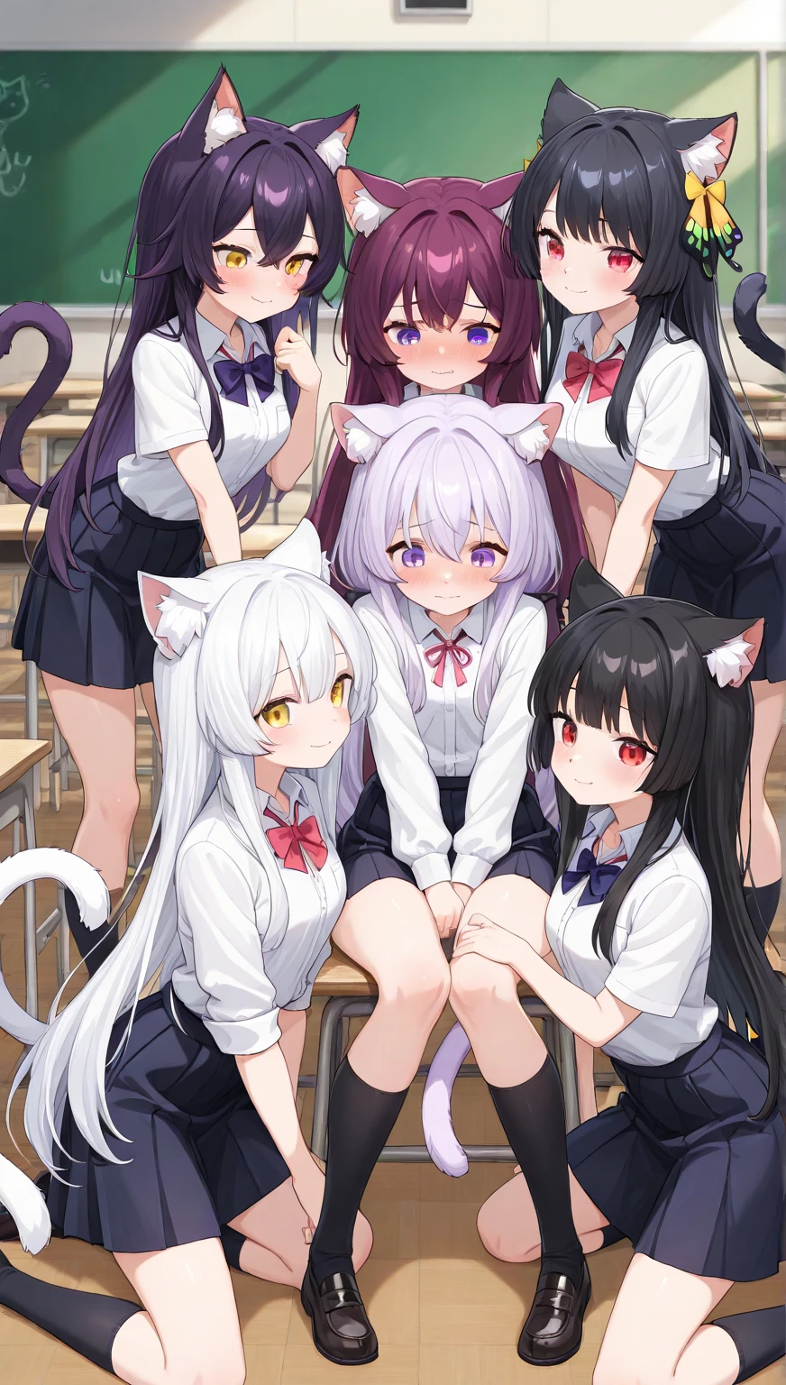Silver Hair、Wolf ears、tail、Cool、Short Hair、boyish、Small breasts、Expressionless、Orgy、Having sex with multiple people、Being creampied、peace sign、classroom、high school student、裸、ちんぽを舐めている、舌を出している