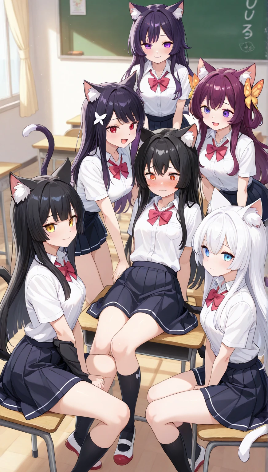 high school girl、In uniform、School classroom、(Big Breasts)、((独奏))、one girl、smirk、Crossing legs、alone
