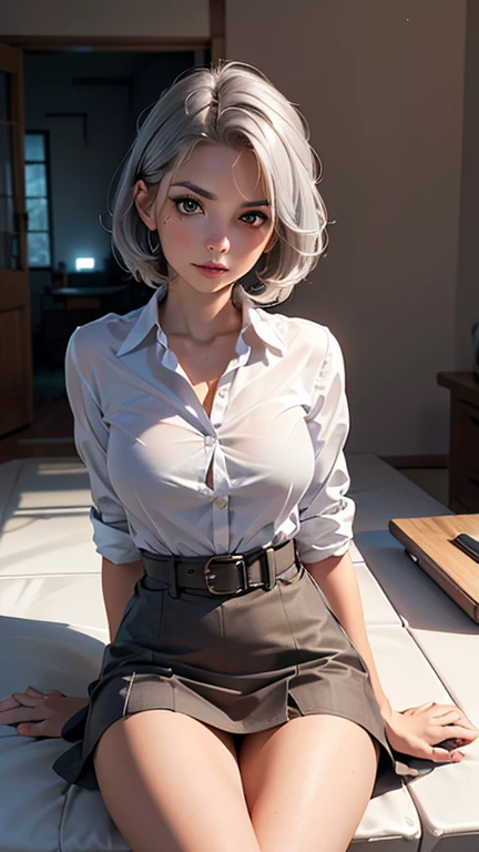 ((((masterpiece, best quality, high resolution)))), Extremely detailed 8K, Beautiful girl with voluptuous body, (Ultra HD, Ultra-detailed, Highly detailed, Highly realistic, Ultra-realistic, photograph realistic), (1girl:1.5), (Realistic white hair), (short wavy hair, hair ornaments, earrings), (dynamic poses), facing at camera, looking at viewer, (blushing red, embarrassed, exhausted, smile), (purple eyes, sharp eyes), (perky breasts:1.2), (beautiful detailed face, beautiful detailed eyes), ((unbuttoned white blouse, black office skirt)), (detail pussy), (leaning against desk), sweat, glow, (nightlight), ((cowboy shot)), office room, seductive