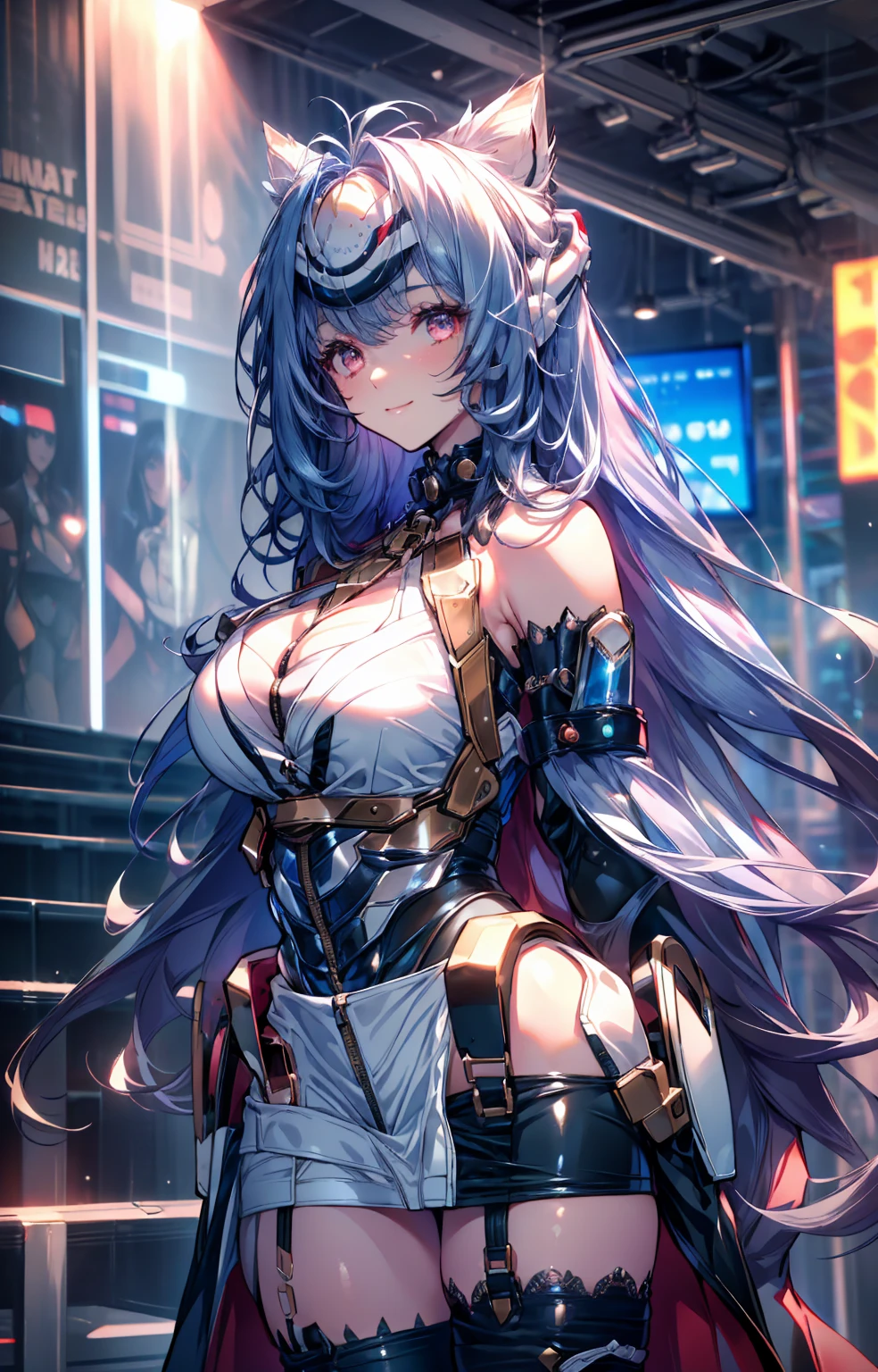 ({best quality}),(Ultra Fine),(full detail),single girl,alone,19 years old,well_developed curves,curvaceous_body,hourglass_figure,perspective,beautiful_face,high_quality_outfits,futuristic_outfits,silght_blush,full_body,full detail face,protective outfits,Honkai_Impact,sexy;
(Violet hair:1.5),indigo hair tips,violet (helix-shaped twintails:1.2),(two long fin-shaped white and aqua headdresses at base of twintail,pointing upwards,antenna),white circlet around forehead;(golden_ eyes:1.9),white cross pupil,holographic one-piece goggle glasses on eyes,aqua frame,aqua lens;one hexagon aqua locket on breast;
Futuristic battlesuit,armored battlesuit,combat ready,covering all body,fitting body curves,white electronic shoulder pads,black long slender sleeves,ceramic mechanic white arm bracers with aqua trims,white bracelets,black cloth gloves,white tanktop with aqua_colored traces,black armored corset,two lines of aqua buttons on corset,aqua zipper along corset,v-shaped white waistband with four gadget holsters,aqua waistband,(white scifi armor dress,knee-length aqua edged hems),(,white and aqua-edged armor tassets,knee-length,fin shaped edge),(white pantyhose) with hexagon aqua linings,silver waistband with gadget holsters,knee bracers;silver mechanic boots,heeled boots; White mechanic backpack on back;
Rainy weather,night,stormy sky in background,heavy rain weather,raindrop on face,floating in midair,overlooking city from midair,calm expression,vigilat gaze,stretching hands,standing,looking forwards