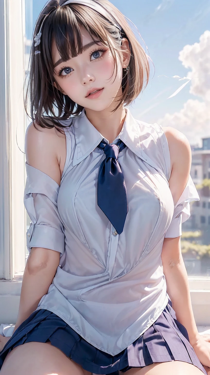 ((top quality、8K、masterpiece:1.3))、1 girl、In a city where many people walk、Slender abs、sofas、hyper-detailed face、One detailed eye、double eyelid、very large full breasts without bras、breasts big and full、no bras、Colossal、Neat and clean、short black hair、Straight bob hair、Short hair with bangs、A smile、Uniform、hard nipples visible through wet shirt、An 18 year old woman、Sheer white shirt、abeta Unbutton and unfold the shirt、Exposing breasts、Navy blue ribbon on the collar、Micro mini dark blue short pleated、Sexy、Peek at the viewer、Beautiful graphic bathroom、There are a lot of people、Show me your whole body、beautiful photos of cool body、 is standing、No bra、Transparent nipples、The shape of her nipples is noticeable inside the shirt.、No panties、No underwear、Long stocking with detailed female genital shape missing、White stocking、(Facing forward)((( Flushed cheeks、embarrassed expression)),( ((The skirt is greatly rolled up by the wind)))、Showing female genitalia、、Background depth of field、Please choose a skirt from the crowd、Men behind、Grabbed by a man、Grabbing chest、Dirty ridge on abdomen、pink heart-shaped tattoo on abdomen、open mouth、Showing tongue、ahe dude、peeing on herself