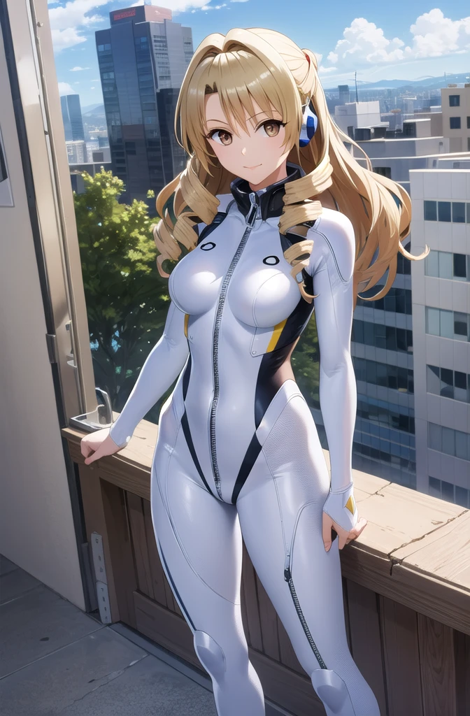 (masterpiece, best quality, detailed), 1girl, solo, looking at viewer, long hair, blonde hair, double bun, drill hair, brown eyes,
plugsuit, interface headset, skin tight, pilot suit, white bodysuit, outdoors, rooftop, day, cityscape, blue sky, cloud, scenery, railing, contrapposto, smile, closed mouth
