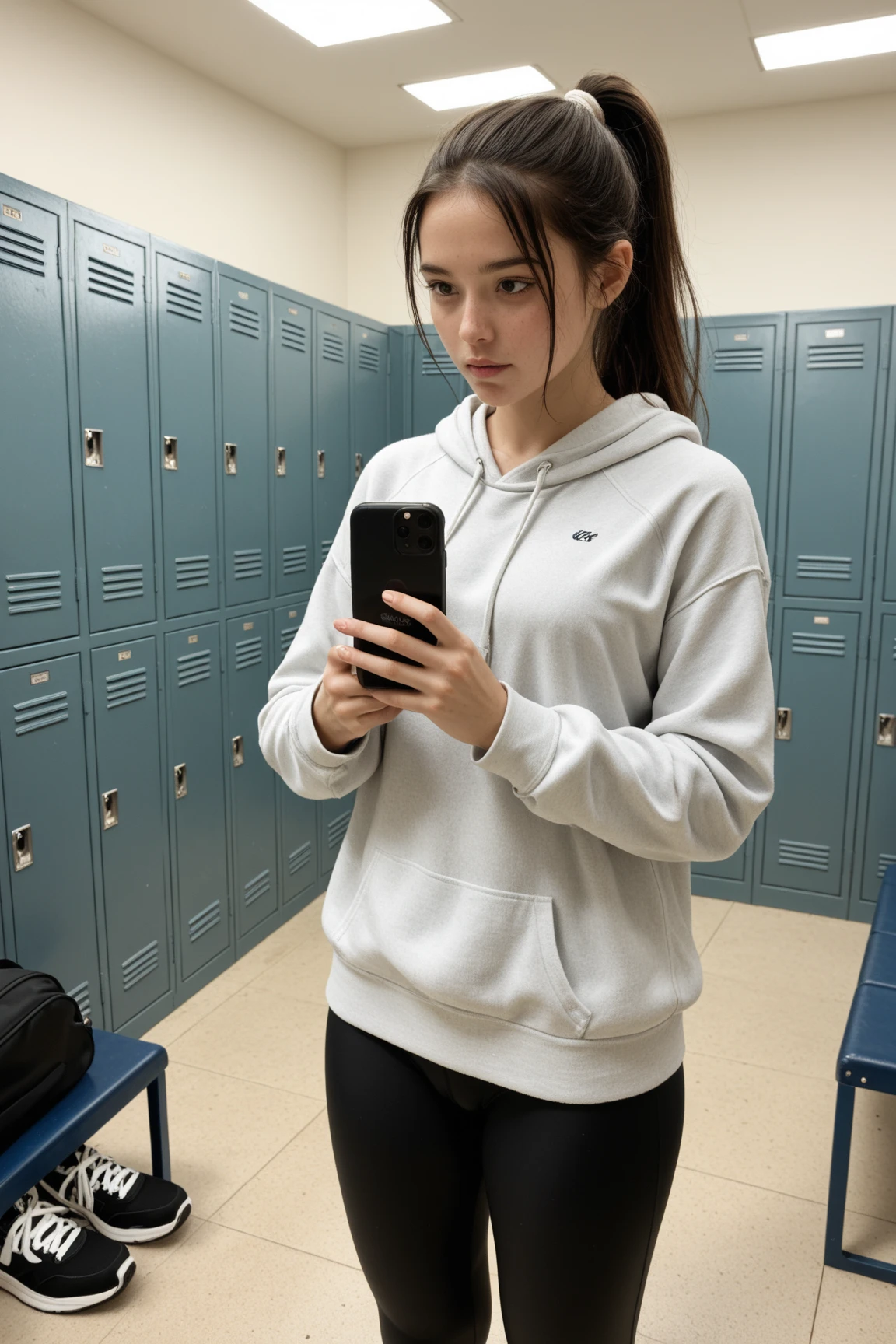 Girl is leaning on a locker in the locker room