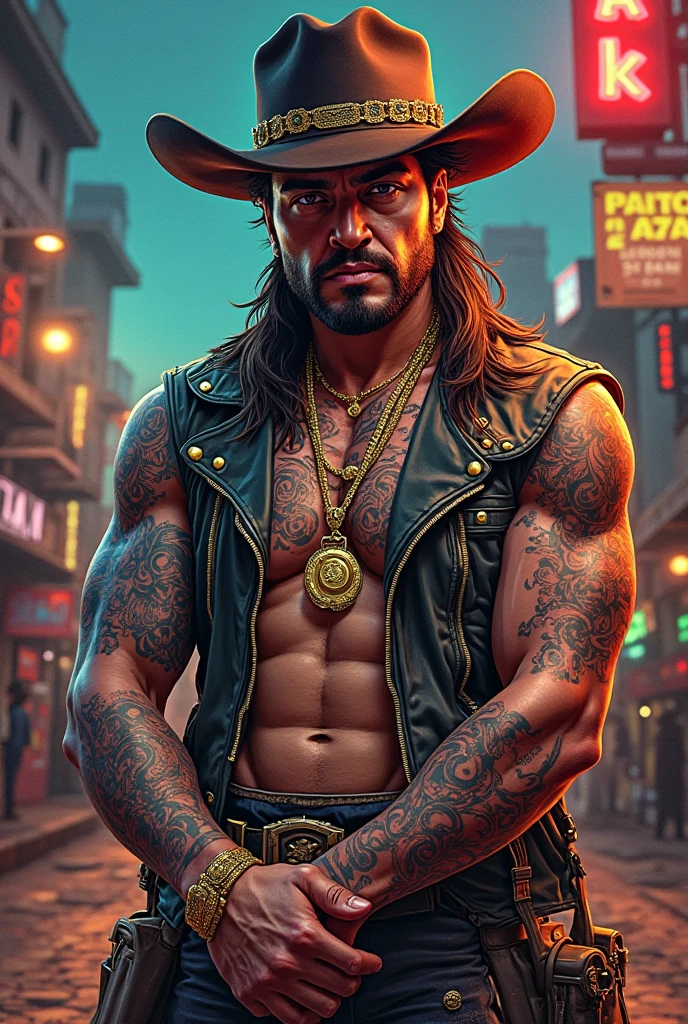 Muscular Native American Tribal Man with No Beard, with long hair and a plain pink button-down shirt. With tattoos and tribal accessories without facial hair