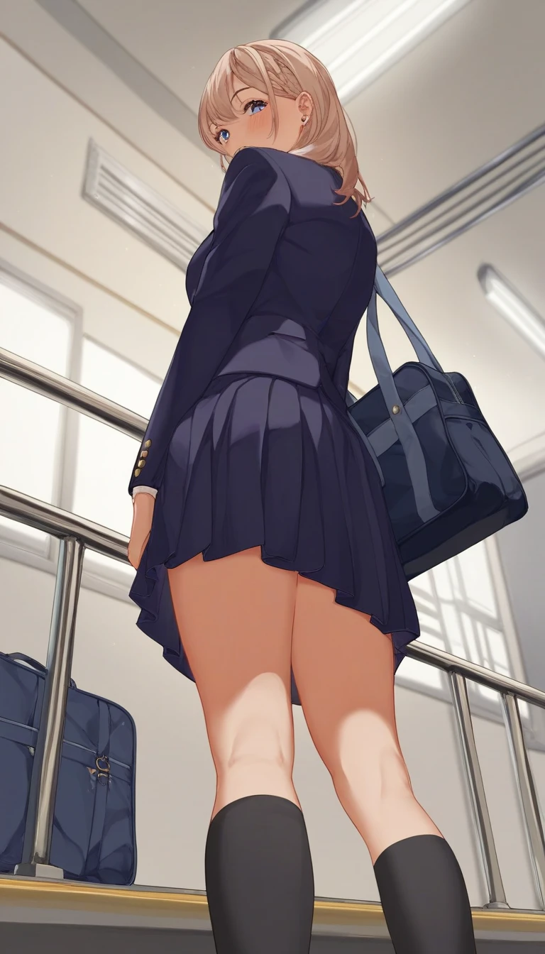 Basil top quality, 1girl in, School uniform, Standing, Crowded train, (Pleated skirt, sexy panties:1.4), From below.((Cute panties)) ((A man in a black suit stands behind her.)) He held the edge of her skirt、Flipped it up and showed her panties.,((Beautiful eyelashes))
