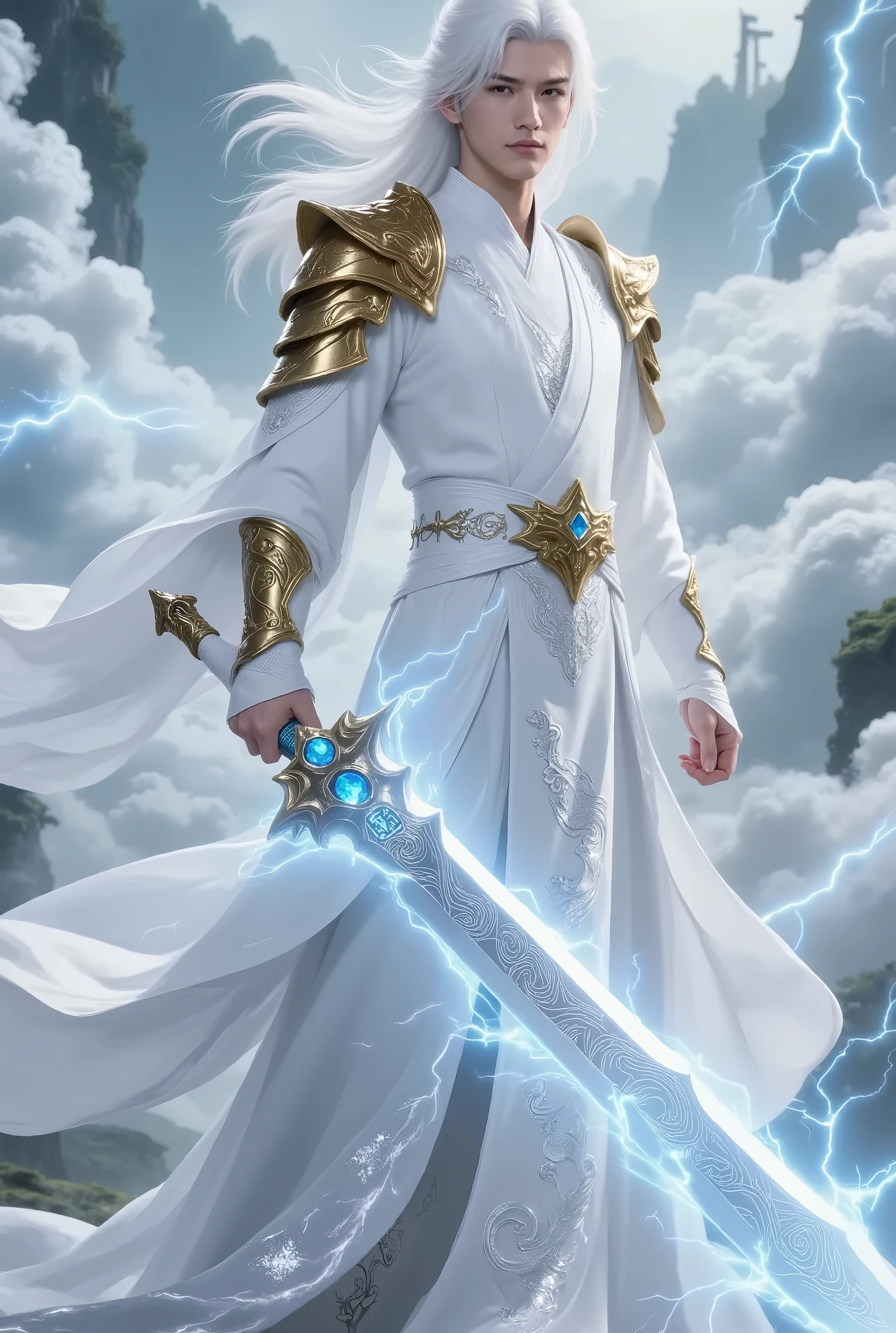 , and the character wears a white robe,with gold shoulder and arm armor,The overall shape is elegant and elegant ,to highlight the fairy tale world The extraordinary temperament of a master。The sword has long white hair that moves with the wind,, adding a touch of fairy knuckles and chic,The background of clouds and lightning behind,sets off its strength、Mysterious Atmosphere。
sword
The sword is adorned with gorgeous,blue jewels on the handle,and a mysterious rune engraved on the body,and is also wrapped with lightning。In the Fairy Xia setting,,runes may contain The powerful fairy spell,Electric Light suggests that the sword may have the power to control lightning,or has powerful lightning mana,is an amazing magic weapon。 overall creates a typical fairy tale atmosphere,character seems to have strong mana in the Xianxia world、An immortal who can control the amount of lightning power。