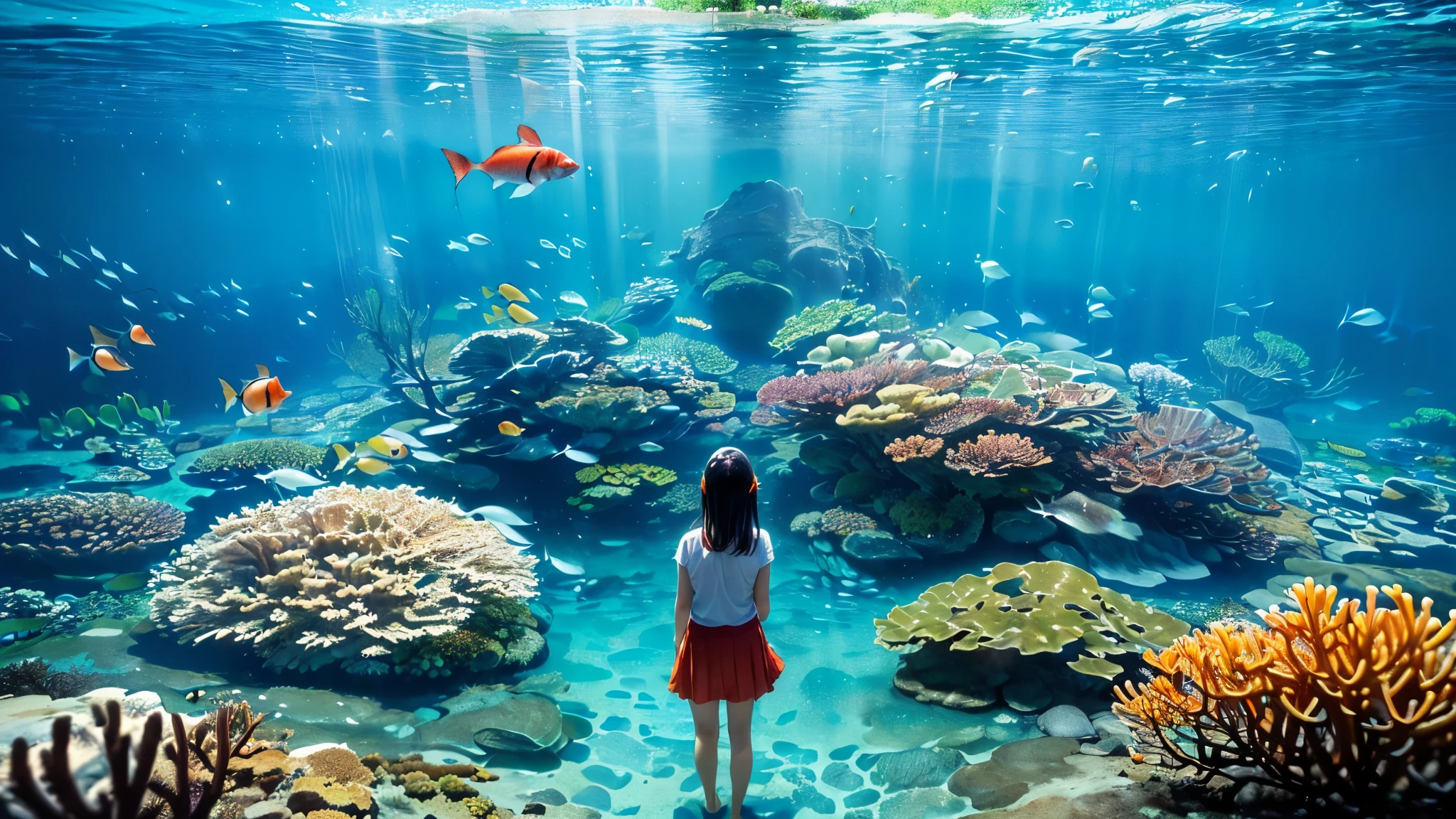 huge, Dim Illuminated, futuristic aquarium, (blue rays and blue water:1.2) ,(detailed expression:1.5), (私はhuge水槽の中で泳ぐ多くの魅力的な群れの魚を見ている:1.5) . soft blue surface , (Majestic rays , hugeマンボウ, and、large colorful tropical fish are swimming in the tank:1.5),(Shrimps, Crab, Starfish, anemones, sea urchins crawling at the bottom of the tank:1.5), (大量の熱帯魚がhuge多層水槽の中で密集して泳いでいる:1.5),watching the gentle beauty of the water、creates a calm atmosphere , world . Background 、towering fish tank full of coral reefs and seaweed, a group of bright tropical fish.future super giant fish tank,(colorful creatures I've never seen before are swimming:1.5),Super giant aquarium,(100m fish tank enough to look up:1.5),(back of a girl looking up at the tank:1.5),(colorful fish and creatures:1.5),