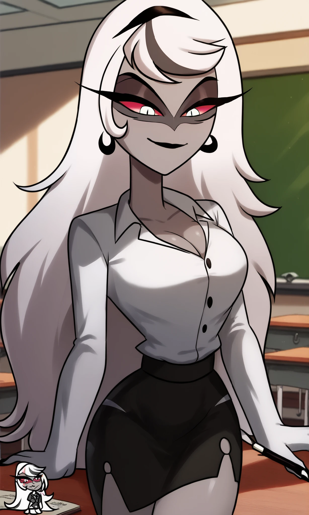 ((masterpiece, detailed image, soft skin, style_2d_chibi)), , carmilla carmine(hazbin_hotel), , looking down, long hair, bangs, 1 girl, alone, skirt, tie, breasts, shirt, big_breasts, cleavage, looking_at_viewer, white_shirt, wide hips, thick thighs, sexy smile, smile, black_skirt, pencil_skirt, collared_shirt, long_sleeves, black_tie, holding, high_waist_skirt, thighs, tucked_shirt, alternate_suit, cowboy shot, indoors, classroom schoolgirl, blackboard, chalk, miniskirt, thick thighs, blush, ((ransu33 art style))