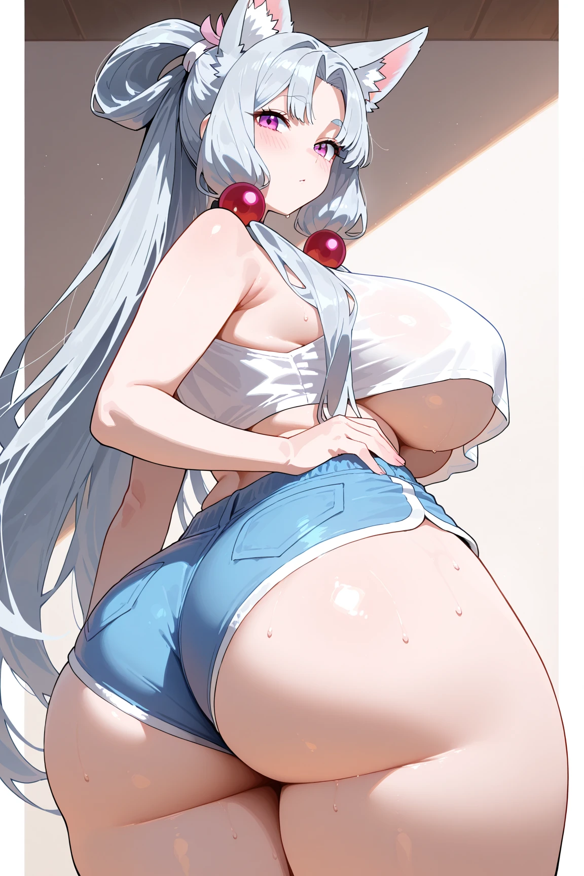 score_9, score_8_up, score_7_up, score_6_up, score_5_up, score_4_up, source_anime,
solo, 1girl, 27 years old female,big breast
Holding milk glass,ass,red panties, light silver background
Shenhe, white t-shirt, braid hair, upper body,perfect finger, detail face,seeing viewers, passionate, eye look