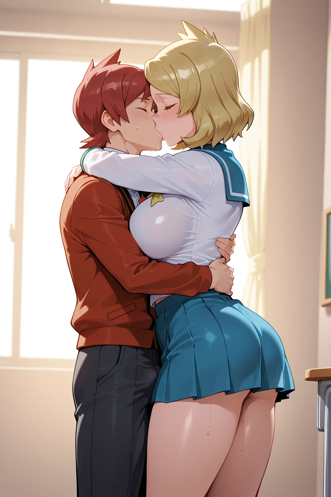 (man and woman kissing:1.6),, (masutepiece, Best Quality, hight resolution, nffsw, Perfect Pixel, depth of fields, 4K), , Perfect body, , (boys and girls:1.6), (2 human in picture:1.6) boy on top, Noel Seeker, red hair, blue eyes, green_headwear, green_jacket, grey_undershirt, red_necktie fields, , nsfw,(ecstasy:1.3) ,(slut:1.2),(vulgarity:1.3),(fucked silly:1.1),(steam:1.1),(wet:0.8),(trembling:0.8),(tears:0.7) ,(drooling:0.6),(sweat:0.8), wince,(orgasm:1.5), , (nipples:1.4), (boy fondle girl's breasts:1.6) , , (hardcore sex:1.6),,