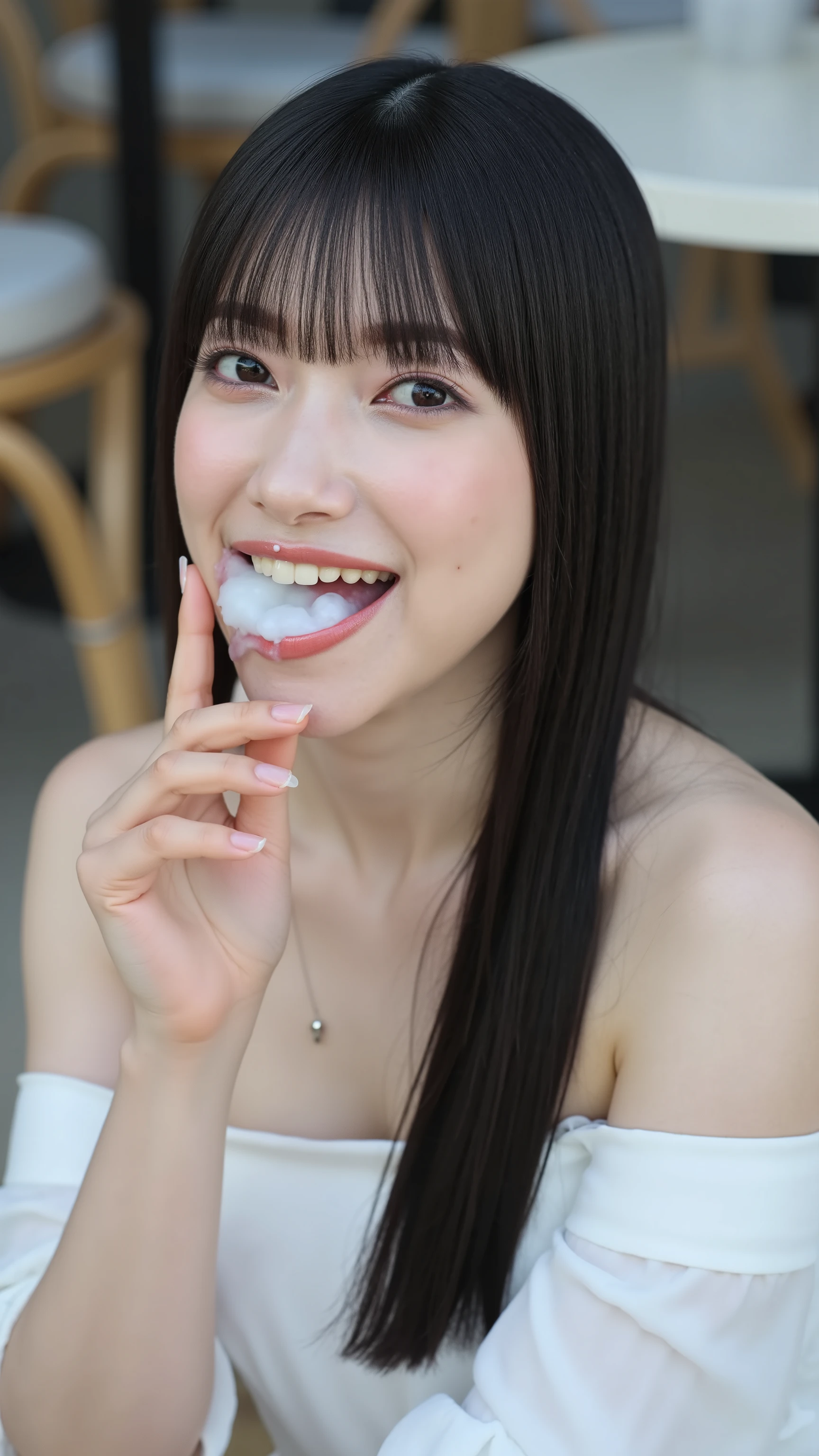 A high resolution photograph of a Japanese mature woman, photo-realistic, masterpiece, amazing quality, intricate details, natural lighting, fashion shoot, solo, 1girl, an elegant lady, (off-shoulder dress:1.2), upper body, straight long black hair with blunt bangs, flawless porcelain-white skin, skin details, detailed face, detailed eyes, sophisticated nose, joyful expression on her face, necklace, jewelry, (downblouse, fingers brushing her lips), (white cum in mouth, open mouth:1.4), looking at the camera, perfect hand, detailed hands, detailed fingers, outdoors, open cafe, terrace seats, sitting on the stool,