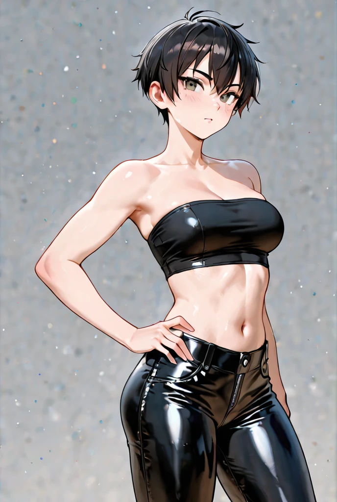 boy, blush cheeks, effeminate, blue colored eyes, short black hair. His skin is clear, he has a thin, muscleless body, thick-thighs. Wearing a black skirt and a short black crop top. In a room.
