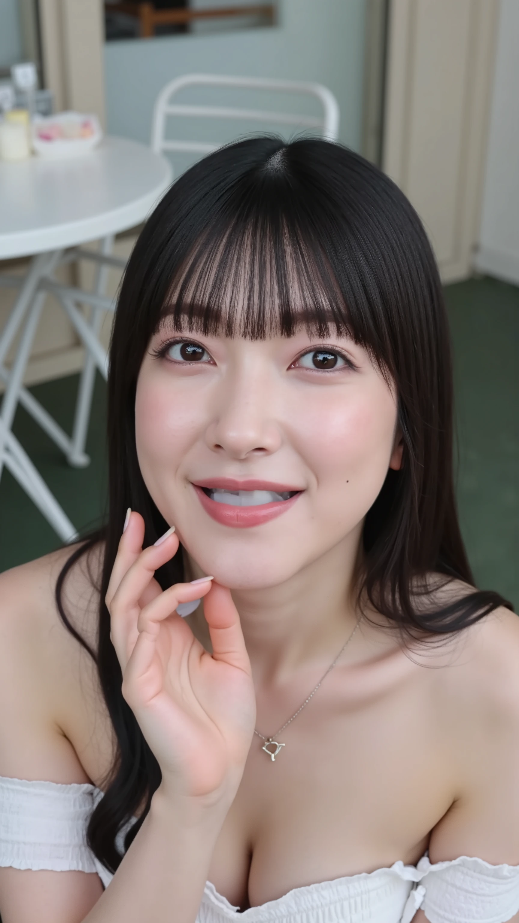 A high resolution photograph of a Japanese mature woman, photo-realistic, masterpiece, amazing quality, intricate details, natural lighting, fashion shoot, solo, 1girl, an elegant lady, (off-shoulder dress:1.2), upper body, straight long black hair with blunt bangs, flawless porcelain-white skin, skin details, detailed face, detailed eyes, sophisticated nose, joyful expression on her face, necklace, jewelry, (downblouse, fingers brushing her lips), (white cum in mouth, open mouth:1.4), looking at the camera, perfect hand, detailed hands, detailed fingers, outdoors, open cafe, terrace seats, sitting on the stool,
