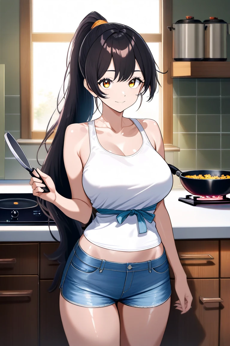 ((Tabletop, Highest quality, High resolution, , Pixel Perfect, 4K,))), 1 female, 、The whole body is visible、 ((Long Wavy Hair, bangs, Brown Hair)), ((Brown eyes, Beautiful eyelashes, Realistic eyes)), ((Detailed face, Blushing:1.2)), ((Smooth texture:0.75, Realistic texture:0.65, Realistic:1.1, Anime CG Style)), Medium sized breasts, Dynamic Angle, Perfect body, (( , , White camisole、No bra、、 Tight denim skirt、、White panties are visible、、)), Gold Hair Ornament、Cross Necklace、、Very embarrassing panic smile, 、、、、、Leaning forward、Nipples are slightly visible、、、Place both hands on the table、Stick your butt out、Luxury apartment kitchen、、、、、、 、)、