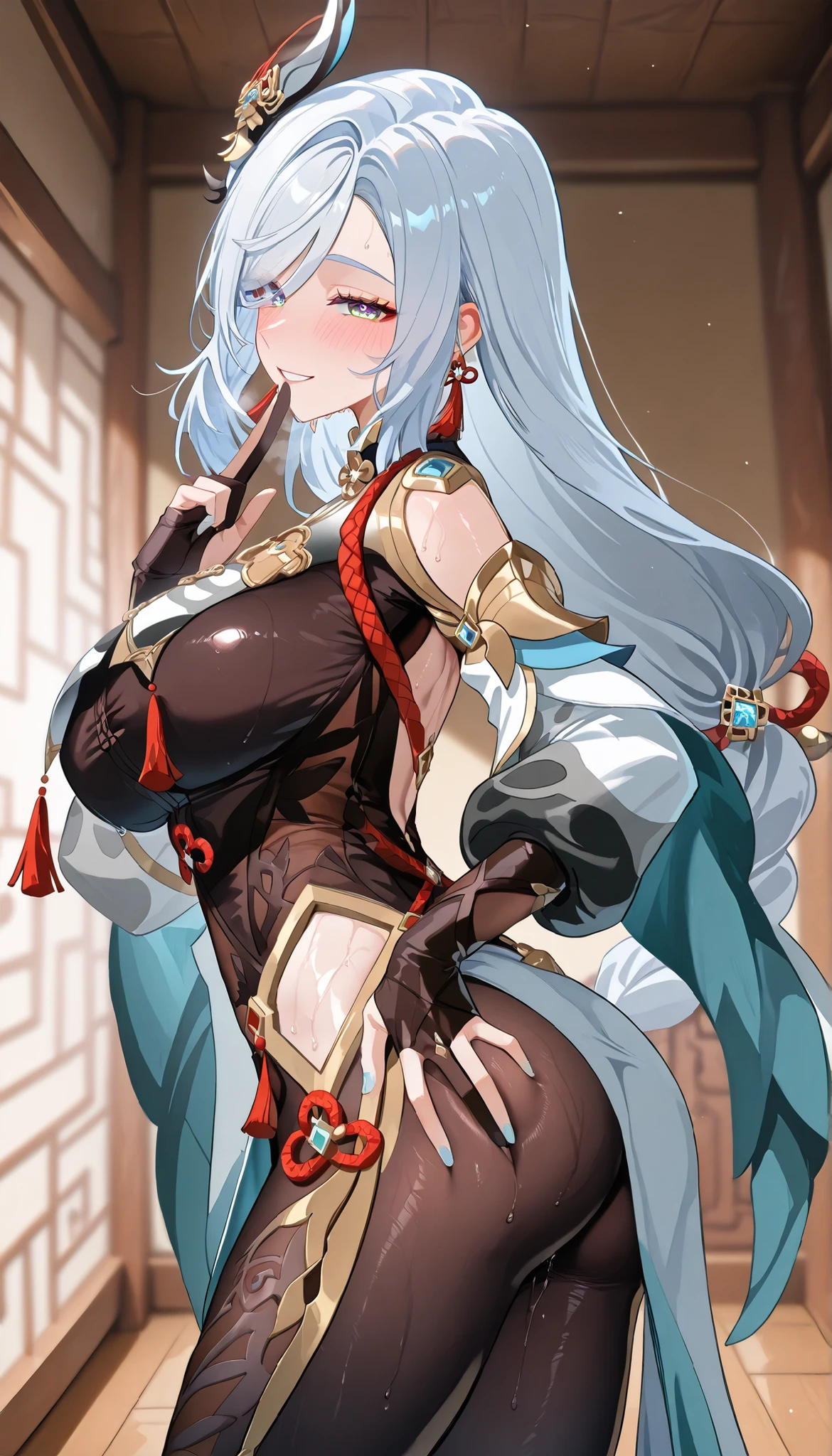 score_9,score_8_up,score_7_up,1girl, solo,blue eyes, white hair, braided ponytail, large_breasts, vision_\(genshin_impact\), tassel earrings, absurdres, highres, (Black_Tights),breast curtain, chinese knot, clothing cutout, puffy long sleeves,White hem,partially fingerless gloves, Shenhe_\(genshin_impact\), looking_at_viewer,Standing on the floor,(One hand hold the Wooden Closet),(One hand on her own butt),(In Chinese Classic bedroom),Torogao,(seductive smile),blush,heavy breathing,Shiny Skin,Sweaty Skin,(From Side),((look at the view))
