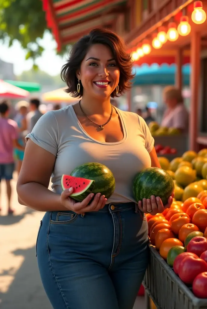 Tyra banx shaved head (very big size breasts 1.8) very small waist, very wide hips, in the denim overals eathin wotermelon in the street market 