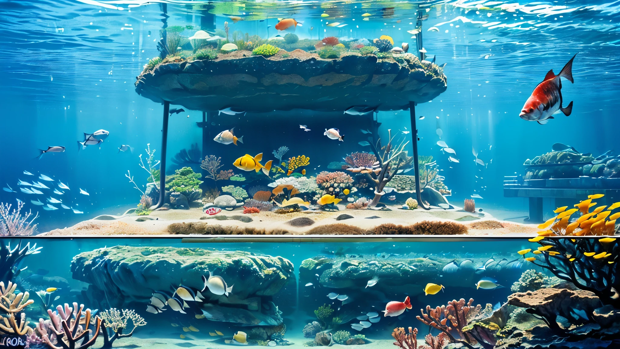huge, Dim Illuminated, futuristic aquarium, (blue rays and blue water:1.2) ,(detailed expression:1.5), (私はhuge水槽の中で泳ぐ多くの魅力的な群れの魚を見ている:1.5) . soft blue surface , (Majestic rays , hugeマンボウ, and、large colorful tropical fish are swimming in the tank:1.5),(Shrimps, Crab, Starfish, anemones, sea urchins crawling at the bottom of the tank:1.5), (大量の熱帯魚がhuge多層水槽の中で密集して泳いでいる:1.5),watching the gentle beauty of the water、creates a calm atmosphere , world . Background 、towering fish tank full of coral reefs and seaweed, a group of bright tropical fish.future super giant fish tank,(colorful creatures I've never seen before are swimming:1.5),Super giant aquarium,(100m fish tank enough to look up:1.5),(back of a girl looking up at the tank:1.5),(colorful fish and creatures:1.5),