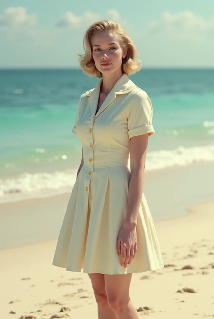 Tetouan, 1937. portrait of A young ((((26-year-old)) Rosalinda Fox)), skinny, fresh, confident, elegant, smiley, ((((day clothings from the 1930s)))), ((wavy blonde hairstyle of the 1930s)), (colorful)