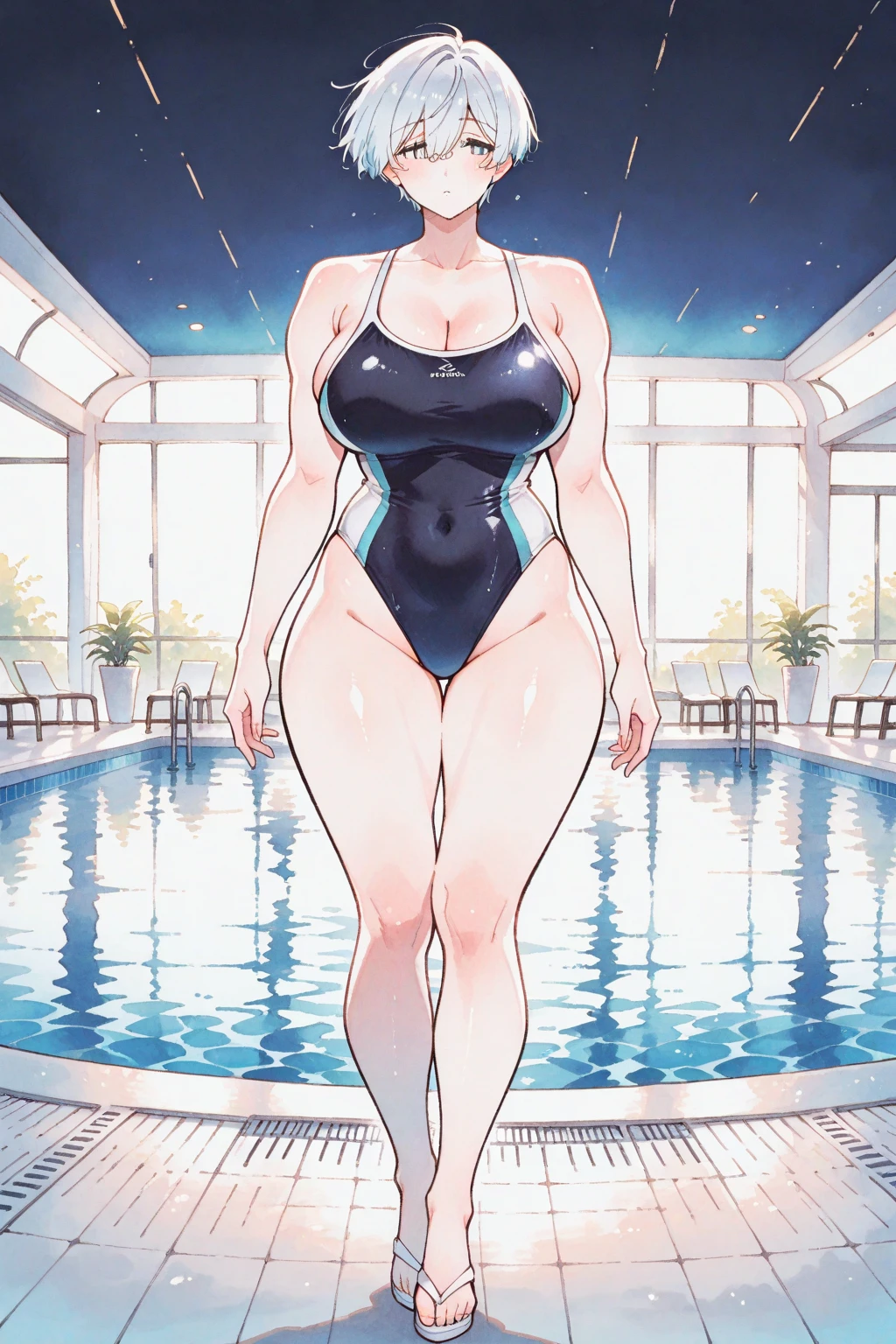 best quality, 1girl, solo, standing, school hall, medium hair, black hair, straight hair, looking at her prosthetic leg, small breasts,  (prosthetic leg:1.2), full body, smiling, swimming suit, leotard, dark blue leotard, black blue swimming suit, barefoot. 