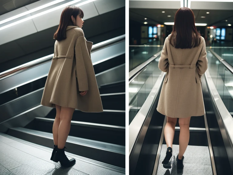 Up Escalator Skirt、short coat、bottom body close up、View from behind、Very low camera angle、Slouched、bent forward