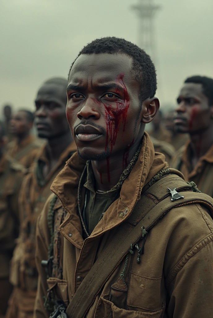 African protestor SDXL wearing torn clothes and faces are dirty from battle. , fine detailed eyes, weapons slung over shoulders, in a messed up city street , professionally color graded, professional photography, well drawn, masterpiece, hyper realistic, ultra detailed, high quality, best quality, 4k, 8k, hi resolution, ((NSFW、realistic)),