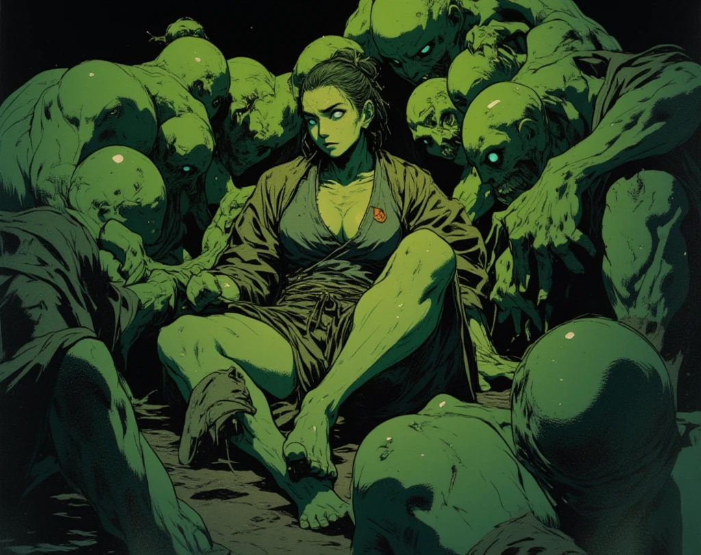 1 girl, sexy_pose, lying on back, lies on a tombstone, nude, naked, hairy, Strong muscles, powerful thighs, Very big muscles, huge breasts, naked, dark gray dirty skin, undead, ghule, sharp carnassial teeth, eater, cemetery, yellow eyes, abnormal, spots on the arms and shoulders, rags on shoulders. ((Best quality)) ((hentay))