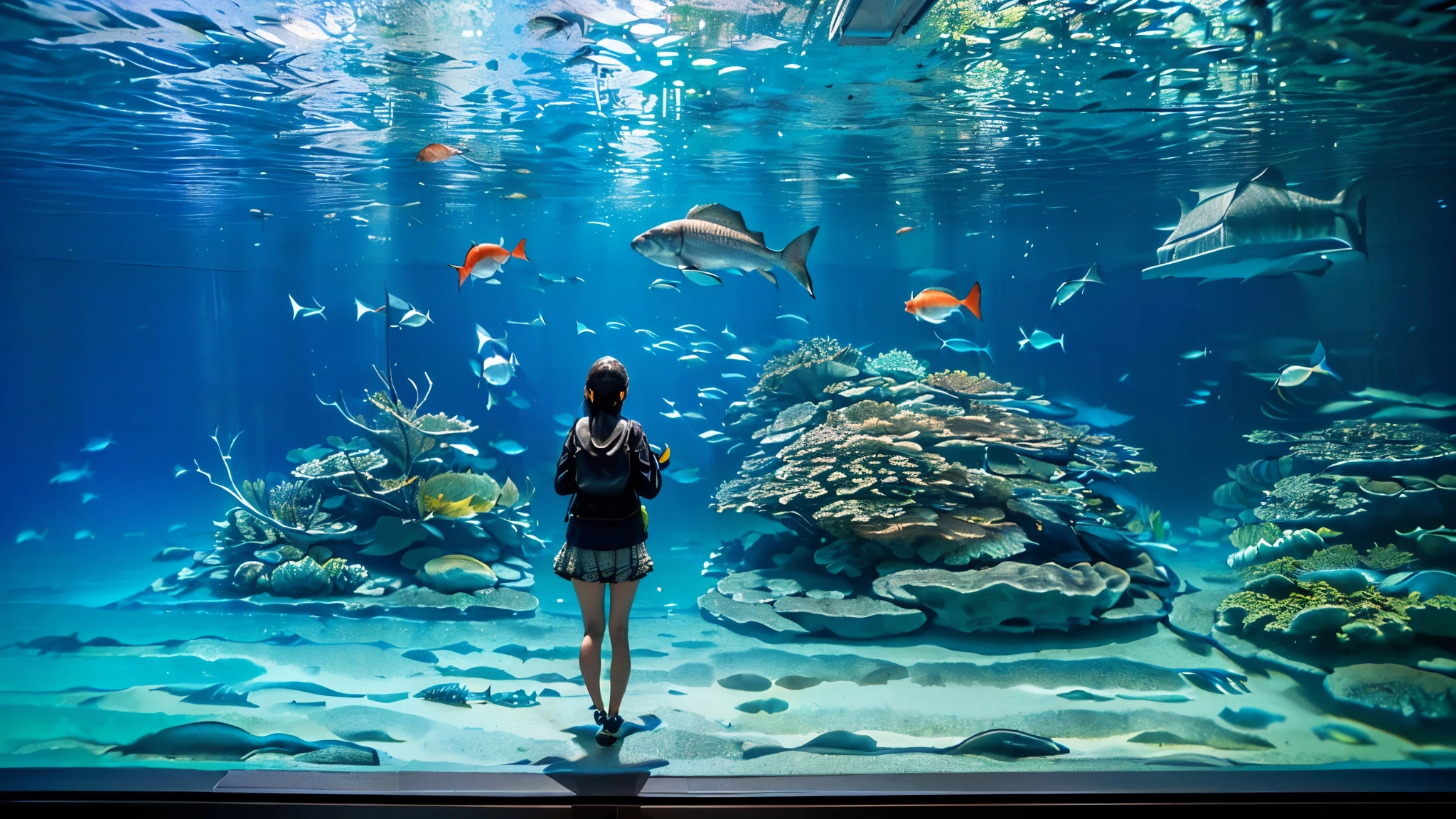 huge, Dim Illuminated, futuristic aquarium, (blue rays and blue water:1.2) ,(detailed expression:1.5), (私はhuge水槽の中で泳ぐ多くの魅力的な群れの魚を見ている:1.5) . soft blue surface , (Majestic rays , hugeマンボウ, and、large colorful tropical fish are swimming in the tank:1.5),(Shrimps, Crab, Starfish, anemones, sea urchins crawling at the bottom of the tank:1.5), (大量の熱帯魚がhuge多層水槽の中で密集して泳いでいる:1.5),watching the gentle beauty of the water、creates a calm atmosphere , world . Background 、towering fish tank full of coral reefs and seaweed, a group of bright tropical fish.future super giant fish tank,(colorful creatures I've never seen before are swimming:1.5),Super giant aquarium,(100m fish tank enough to look up:1.5),(back of a girl looking up at the tank:1.5),(colorful fish and creatures:1.5),
