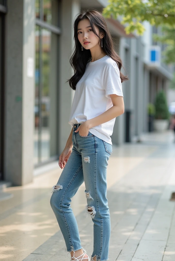 masterpiece, top-quality, 1 beautiful girl, (Detailed beautiful eyes), ((Detailed skin)) , ((Detailed medium hair )), A beautiful girl in colorful clothings hiphop jeans and sneaker hiphop, full body, RAW photos, CG rendering, Blurred background, deep shadow, 16K, bokered, Very detailed, wallpaper, depth of field, movie light, Ray tracing,