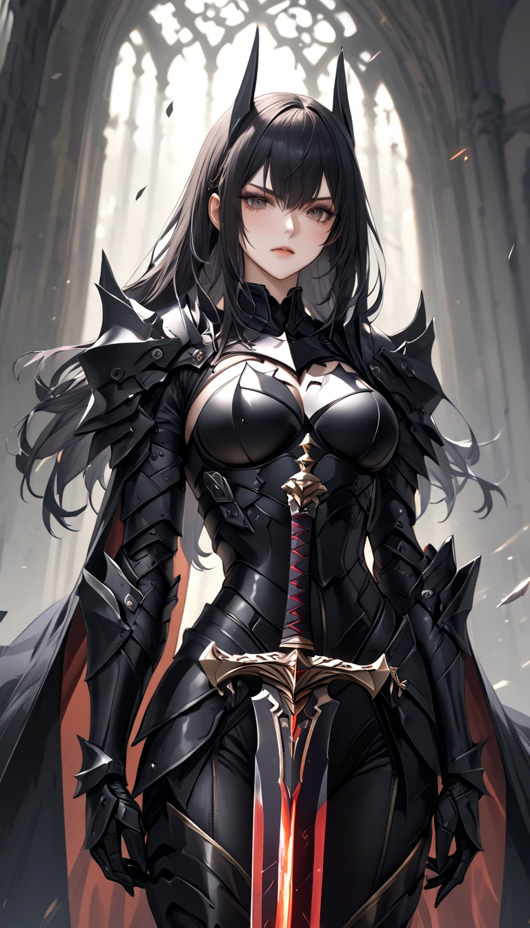 (high quality, 8k, 4K, high contrast, artwork:1.2, high quality, best aesthetics), (centered), ((1 woman)), erotic, sensual, mature body, super detailed, beautiful face detailed, beautiful eyes detailed, detailed beautiful mouth, perfect breats, perfect wide thighs, (black hair), (short black hair), (messy black hair), (proud and sadistic expression), (black medieval armor), (shoulder pads), (long white cape), (ruffled black skirt), (standing), (looking at the viewer), (piercing gaze),