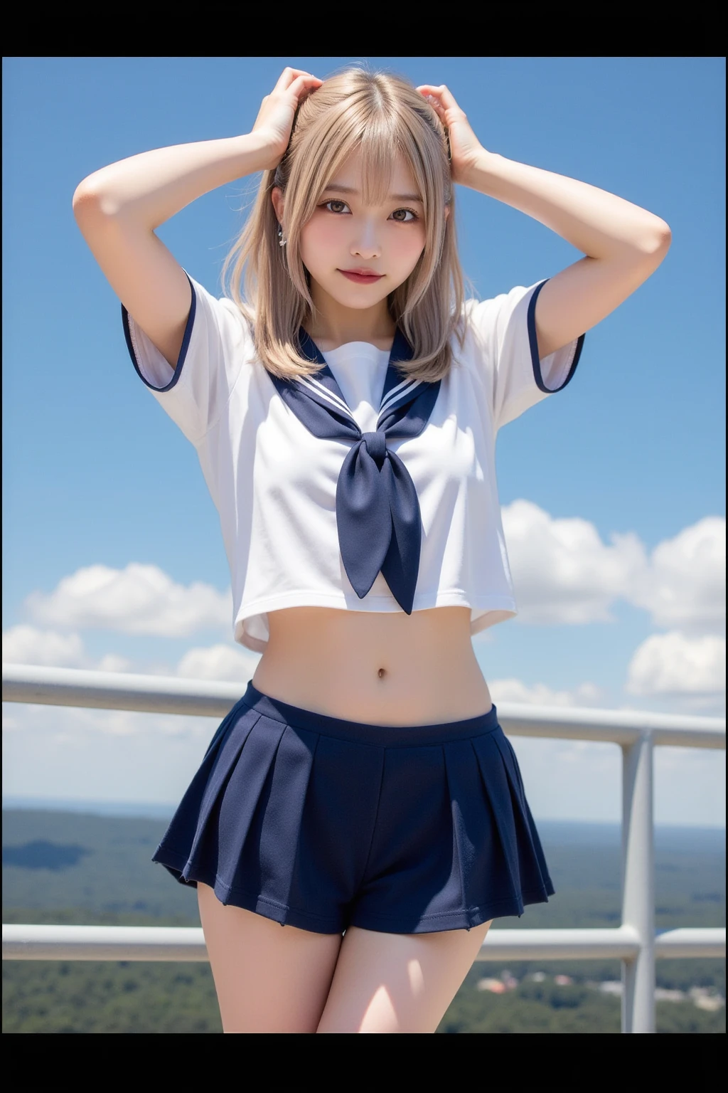 Adorable, 14 years ,  Sailor Suit ,  Very beautiful blonde girl from Scandinavia,  Ample breasts,School,   Low contrast, (Smirking expression:0.8), short hair、Hair Scrunchie,  Long bangs between the eyes、highest quality, 超A high resolution, Like the picture, Super detailed, 8k, RAW Photos, Masseter region、Her big, bright, 🎁Blue eyes are so beautiful、Very big eyes、Gloss Cheek Highlight、Small Face Beauty、Kamimei,Seductive pose,The chest is slightly visible,Large breasts sagging due to gravity,  Sexy ass,I can see your ass