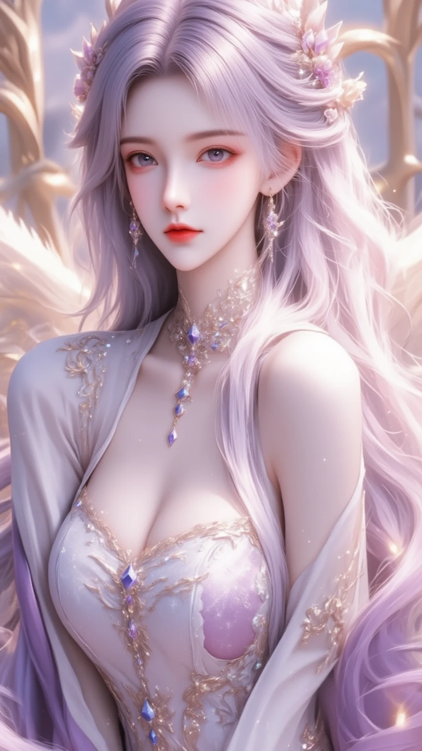 masterpiece, photorealistic, best quality, closeup, hight texture, beautiful lighting, volumetric clouds, foggy, holy light, violet light, cosmic ray, universe, 1girl, beautiful girl, (white robe), (white outfit), (long violet hair), (violet eyes), (slender body), (tall), standing. violet lotus, thunder hand, huashan mountain background, <lora:neverendingDreamNED_bakedVae:1> pureerosface_v1