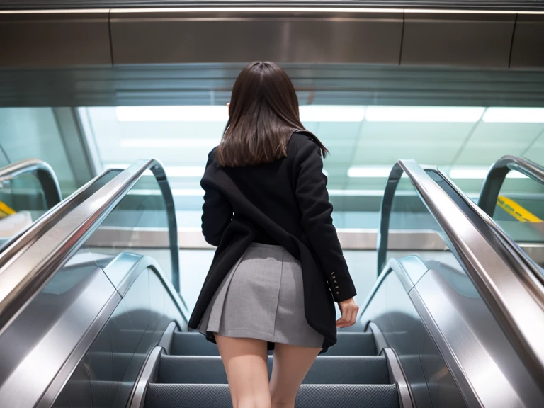 Up Escalator Skirt、short coat、bottom body close up、View from behind、Very low camera angle、Slouched、bent forward、Looking at Viewer, From below, Photon mapping, (Professional Lighting), finely detail, (Children's Panties) , (skirt rift:1.1),
