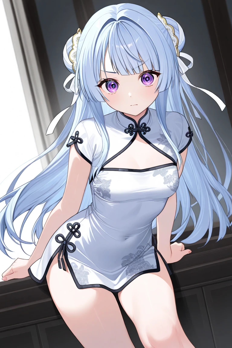 ancient stone jewelry/(Holographic live broadcast/), beautiful anime girl,Wearing white cheongsam,Strike a charming pose on the windowsill