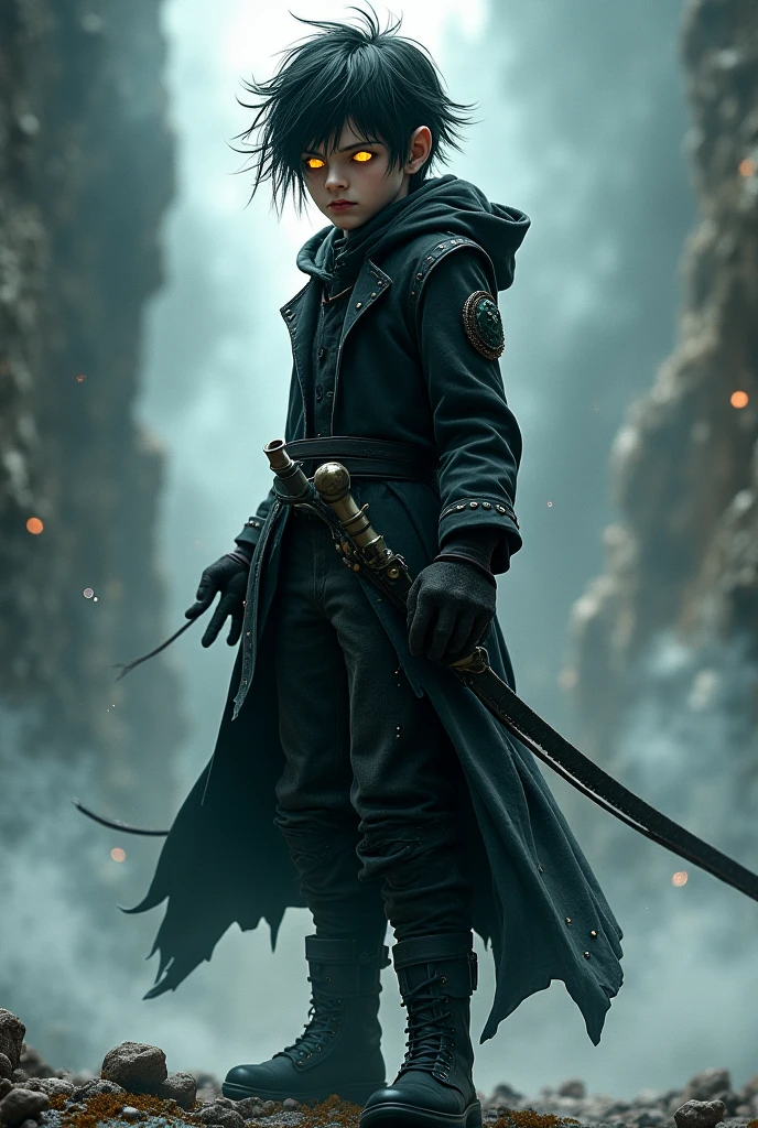 Boy with human body, dark hair, black eyes, two swords with demon characteristics