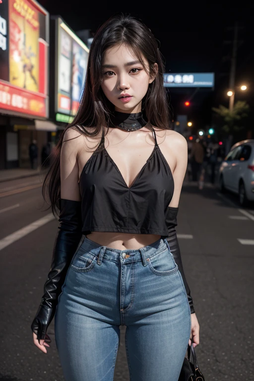 22 year old white female、Hair color is brunette、blue eyes、long hair、The ends of the hair are wavy、setting hair、accessories on wrist、wearing a necklace、has earrings、skin is smooth、wearing suspenders、Slender but muscular body、smile、Wearing a sleeveless black high-neck zipper-up top、wearing skinny jeans、I&#39;m in the middle of Shibuya&#39;s scramble crossing、smile、I&#39;m wearing a waist pouch、Arms crossed