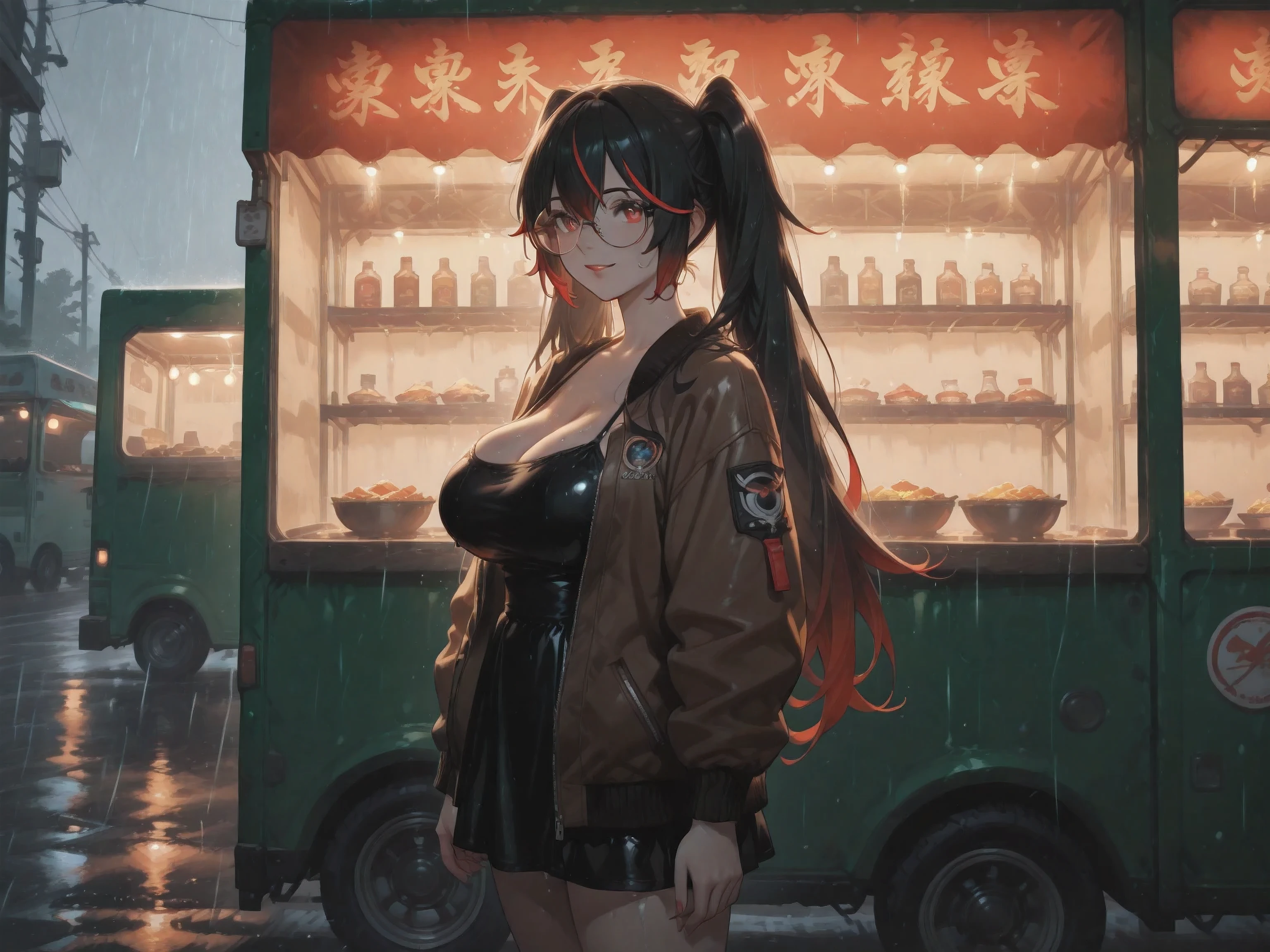 (NSFW:1.1), A Realistic image, extremely sharp focus, crisp details, high resolution, low light, cinematic lighting, 4K, 8K. Side view. (correct anatomy and detailed hand). A wide angle shot, a detailed, high quality rendering of LuciaPlume. She wears beautiful, detailed round eyeglasses, she wears a string camisole, bomber jacket and miniskirt. She has a beautiful huge breasts. She has a beautiful face details, a beautiful detailed red eyes, long hair, twintails, streaked hair, gradient hair, detailed hands, five fingers and a real human skin texture, her expression is happy and she looks at the viewer. Food truck, rain. The background has highest detail, detailed background and depth of field.