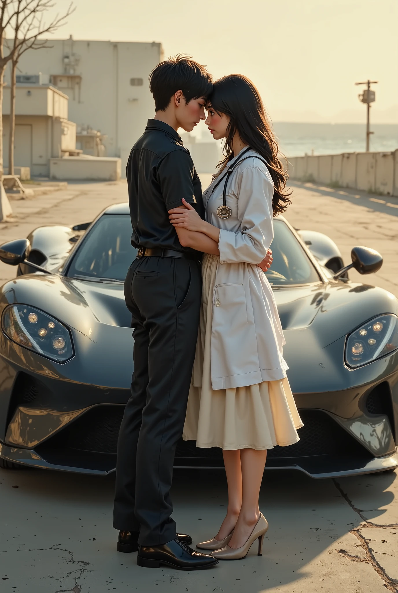 Japan Anime, Two girls are hug couple, stand in front of black racing car , Cool girl black hair wear black long shirt black trousers black shoes, Ang girl long hair is a doctor that wear cream dress cream high heels, wear white medical coat, stethoscope on shoulder, romantic, cinematic, Background is sea.