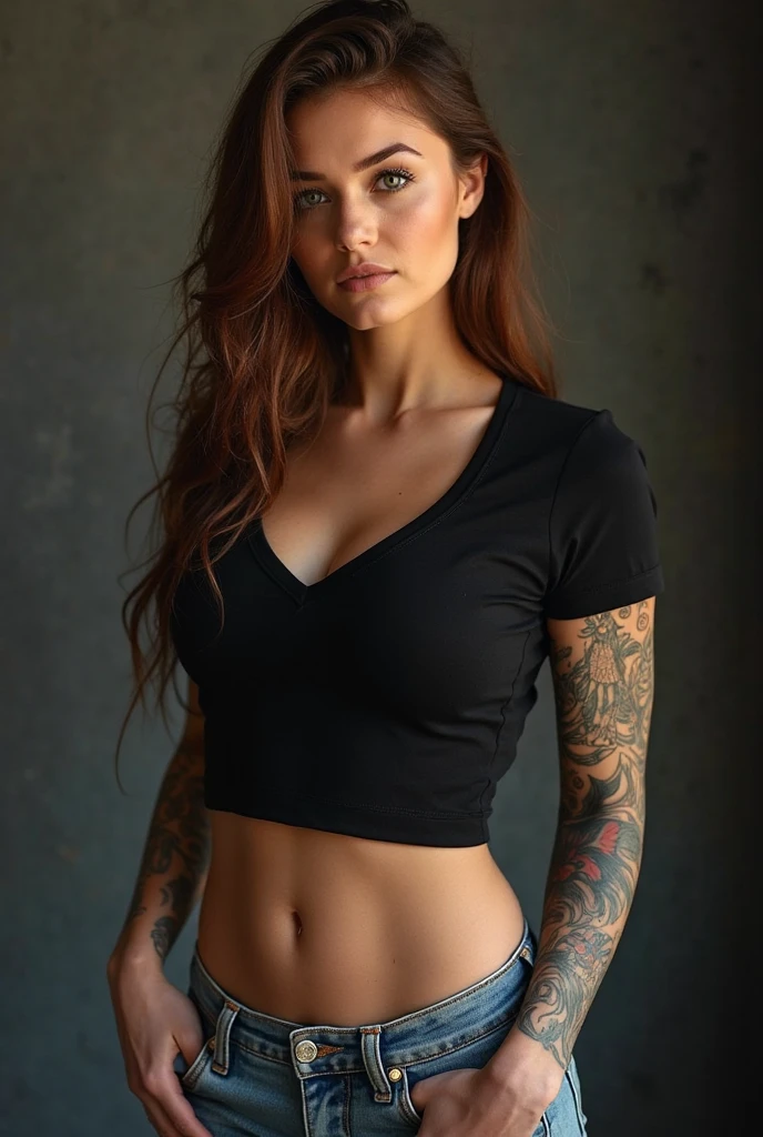 Create an image of a young, sporty European woman in her mid-20s. to athletic figure with a small bust size. She works as a tattoo artist, is tattooed herself and has tubes in her ears and some piercings. She has ginger hair with some highlights that lead to a cheeky hairstyle. Her eyes are an exciting green. She also has some freckles and a sensual mouth. She is wearing a black crop cotton top and skin-tight grey jeans..
