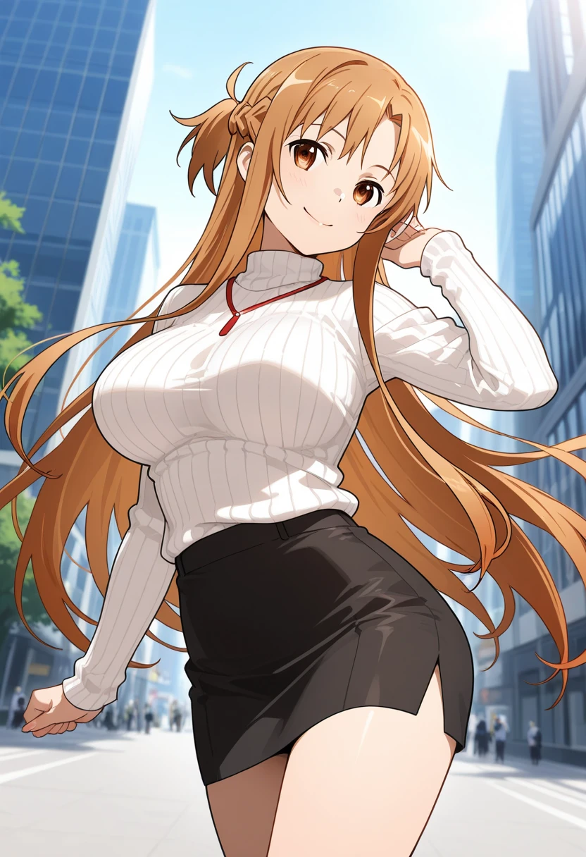 Game , goddess of victory nikke, Rapi , light brown hair, alluring eyes ,beautiful face , crystal red eyes , long hair ,sweater shirt, cream colour shirt, trousers, cheerful eyes, ,g cup breast, slender waist, bewitching thighs, , five fingers each hand, two hand ,two leg , in town, date, hunch over, standing, beautiful, high heels, night life