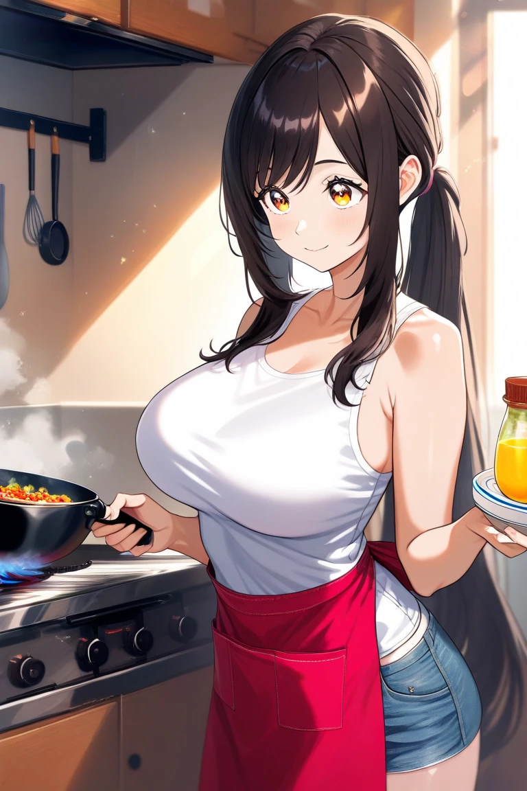 1girl, long hair, breasts, blush, bangs, large breasts, black hair, navel, animal ears, cleavage, bare shoulders, medium breasts, closed mouth, standing, collarbone, tail, yellow eyes, thighs, solo focus, midriff, cat ears, collar, cat tail, animal ear fluff, bare arms,cat girl, neck bell, camisole, Back, cooking, red underwear
