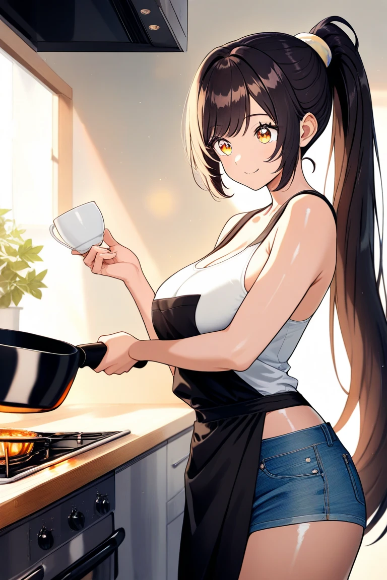 Girl, standing, back, pale skin, brown eyes, ((not show face)), neck, shoulders, arms, white bra, white panties, big ass, thick legs, thick thigh, background scenery, in the kitchen, window, refrigerator, sink, table, floor, chairs, stove