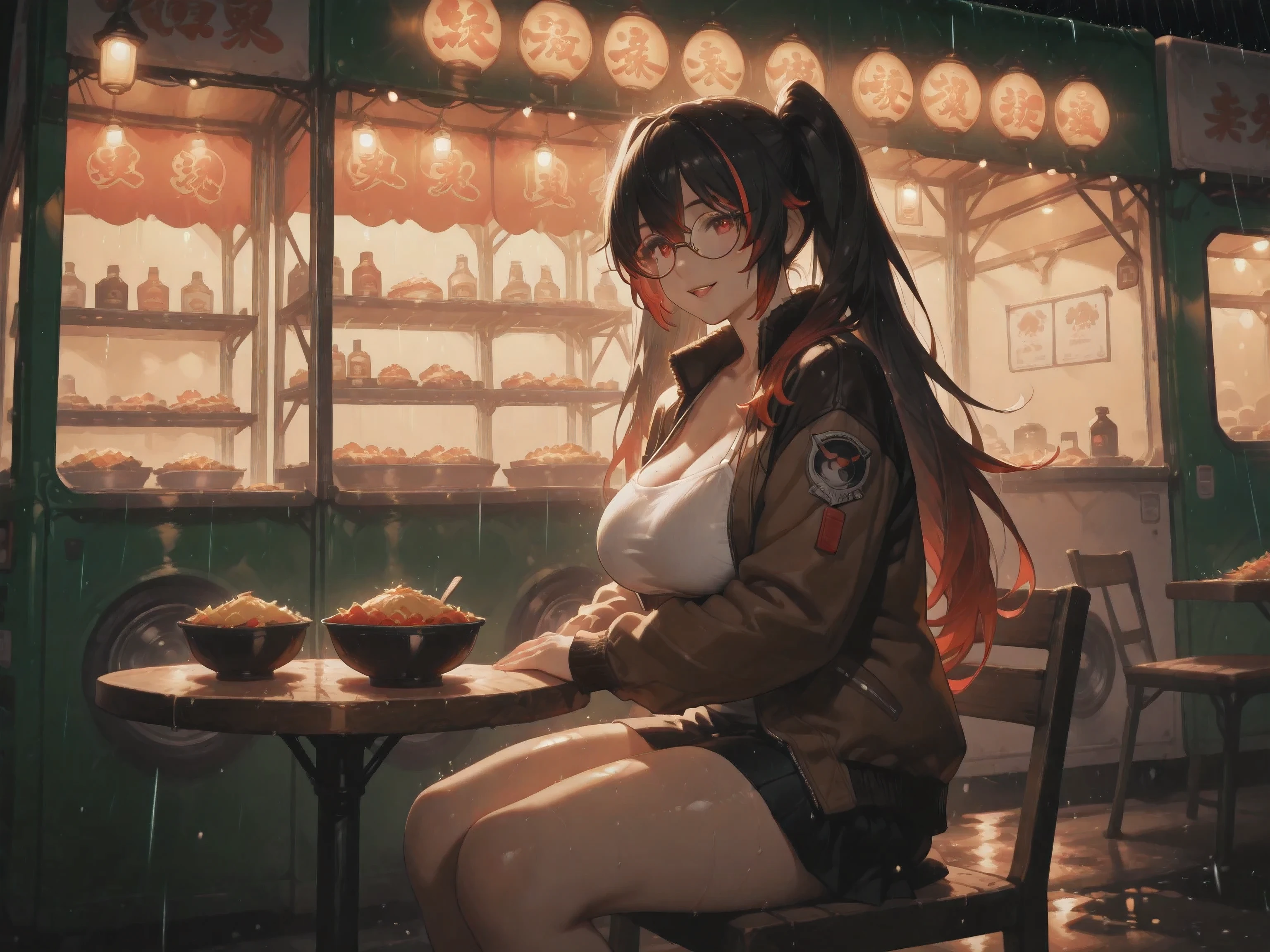(NSFW:1.1), A Realistic image, extremely sharp focus, crisp details, high resolution, low light, cinematic lighting, 4K, 8K. Side view. (correct anatomy and detailed hand). A wide angle shot, a detailed, high quality rendering of LuciaPlume. She wears beautiful, detailed round eyeglasses, she wears a string camisole, bomber jacket and miniskirt. She has a beautiful huge breasts. She has a beautiful face details, a beautiful detailed red eyes, long hair, twintails, streaked hair, gradient hair, detailed hands, five fingers and a real human skin texture, her expression is happy and she looks at the viewer. She's sitting on the chair in front of food truck, food on the table, rain. The background has highest detail, detailed background and depth of field.