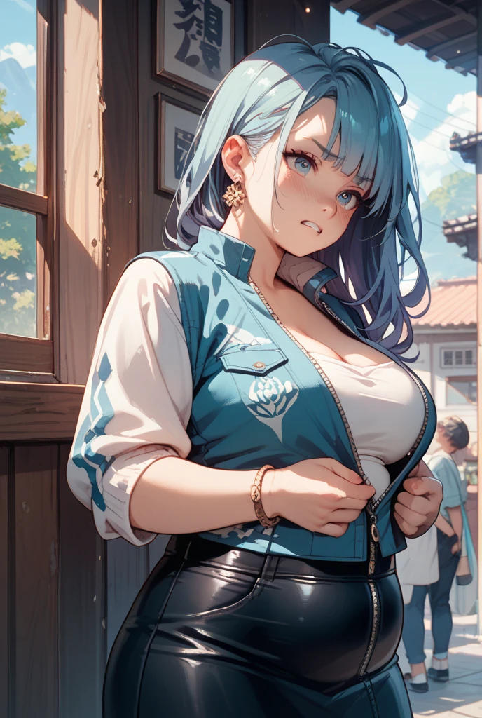 (masterpiece, best quality, photorealistic, cinematic), expressive eyes, perfect face, perfect hands, large cleavage, long round legs, round ass, (((anime girl posing in a form-fitting light blue and sleeveless kimono-style blouse, tied with a dark obi around her waist and short deep blue shorts))), (cool toned silver-haired mage, a loose waves or a gentle curl hairstyle), seductive anime girl, Ayaka genshin impact, extremely detailed artgerm, from girls frontline, range murata and artgerm, xianxia, style artgerm, beautiful alluring anime woman, thicc, guweiz on artstation pixiv, ((underboobs)), ((medium shot)), ((dynamic background))
