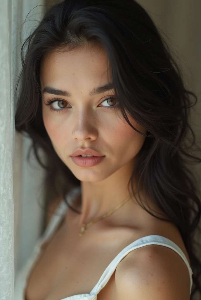 Cute model wearing white lingerie, seductive expression, black hair cascading down characteristically, 19 years old, innocent face, high-res, masterpiece, best quality, intricate details, highly detailed, sharp focus, detailed skin, realistic skin texture, texture, detailed eyes, professional, 4k, captivating gaze, filmed with Canon, 85 mm, shallow depth of field, Kodak Vision color, perfectly fitted lingerie, ultra-detailed, ultra-realistic, photorealistic, photography, 8k UHD, photography.