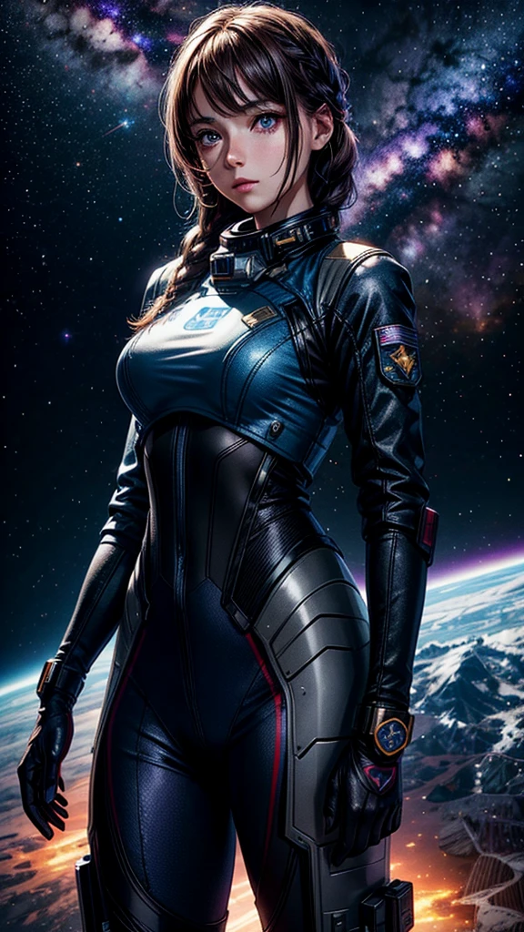 Bodysuit, purple hair, space, large breasts, fully clothed, large hips, spacesuit, mech pilot, space marine, soldier, marine, tactical, weapons, power armor, body armor, laser rifle, rebreather