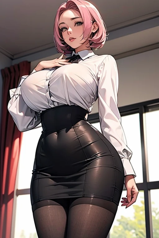 (best quality:1.5, highres, UHD, 4K, detailed lighting, shaders), (high quality eyes), ( perfect fingers), curly floral haired, gradient hair, large breasts, suit, gray shirt, social shirt, short skirt, mature woman , (pov), white background, colorful eyeshadow, dramatic lighting, sparkling eyes, sensual expression, golden earrings, delicate facial features, soft skin, high cheekbones, urban setting, white background, dont look for the camera, lean forward, behind the camera, full body