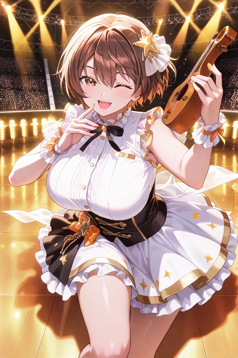 HIIRAGIMAKOTO, BROWN HAIR, AHOGE, SHORT HAIR, YELLOW EYES, BROWN EYES,, large breasts, live stage, solo,