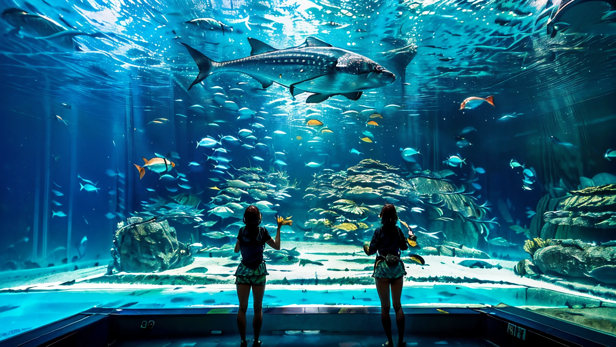 huge, Dim Illuminated, futuristic aquarium, (blue rays and blue water:1.2) ,(detailed expression:1.5), (私はhuge水槽の中で泳ぐ多くの魅力的な群れの魚を見ている:1.5) . soft blue surface , (Majestic rays , hugeマンボウ, and、large colorful tropical fish are swimming in the tank:1.5),(Shrimps, Crab, Starfish, anemones, sea urchins crawling at the bottom of the tank:1.5), (大量の熱帯魚がhuge多層水槽の中で密集して泳いでいる:1.5),watching the gentle beauty of the water、creates a calm atmosphere , world . Background 、towering fish tank full of coral reefs and seaweed, a group of bright tropical fish.future super giant fish tank,(colorful creatures I've never seen before are swimming:1.5),Super giant aquarium,(100m fish tank enough to look up:1.5),(back of a girl looking up at the tank:1.5),(colorful fish and creatures:1.5),