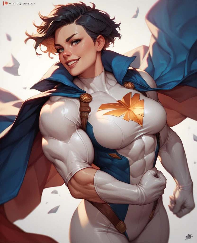 (Muscular:2), (thick thighs:2),
blonde female, (supergirl), (big smile:1.7), (blunt bangs), (ponytail:0.9), (balled up fists:1.5),
earrings, lipstick, eyeshadow,
hard nipples, (small breasts:2),
(full body suit, blue bodysuit:1.6), (small cape:1.4), (choker:1.2),
looking at viewer, three quarter view, (upper body view:2.1),
(floating, in midair, sky and clouds background:1.3), rim lighting, two tone lighting, dim lighting, bokeh, detailed skin, detailed eyes